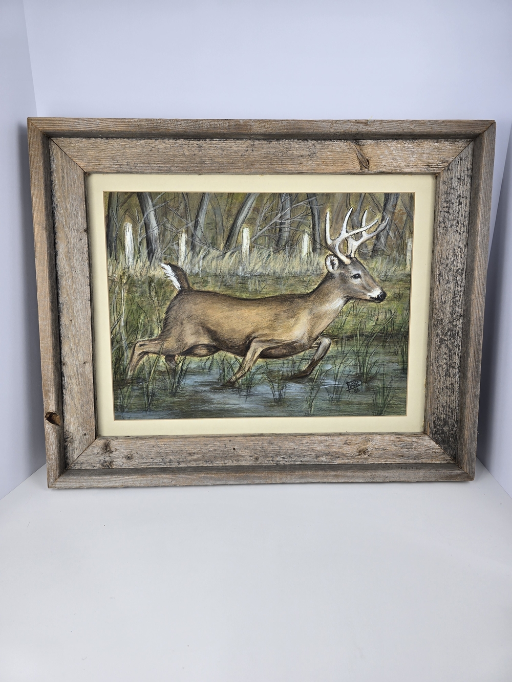 Vintage 1986 Hand painted Whitetail Buck Deer Wildlife  Rustic Wood Frame 23x18